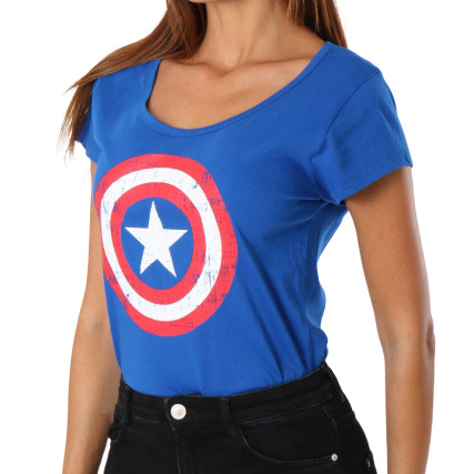 Tee-Shirt Femme Bleu Logo Shield Captain America