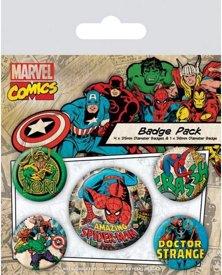 Pack de 5 badges Marvel Comics Spiderman Loki Doctor Strange