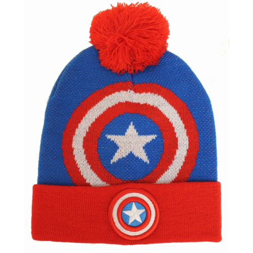 Bonnet Bleu et Rouge Pompom Logo Captain America