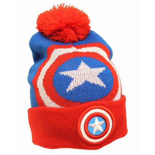 Bonnet Bleu et Rouge Pompom Logo Captain America