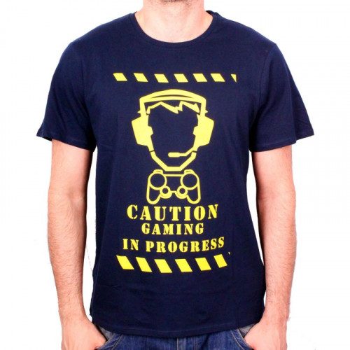 Tee-Shirt Bleu Caution Gaming in Progress Geek