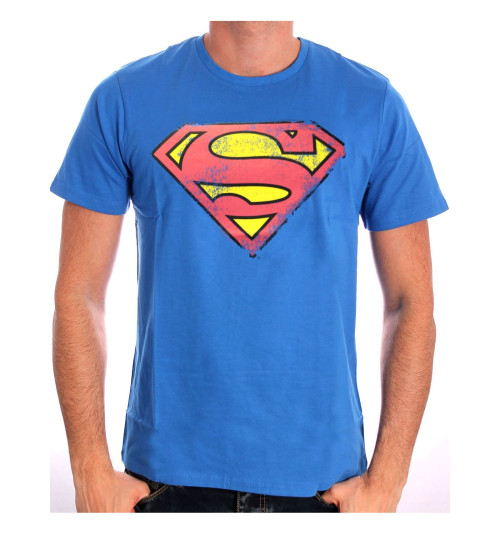 Tee-Shirt Bleu Logo Rouge Effet Usé Superman