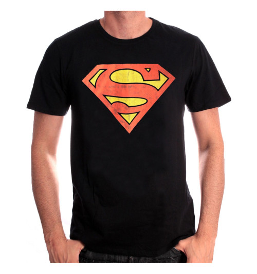 Tee-Shirt Noir Logo Rouge Effet Usé Superman