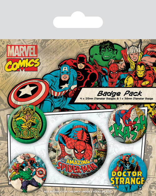 Pack de 5 badges Marvel Comics Spiderman Loki Doctor Strange