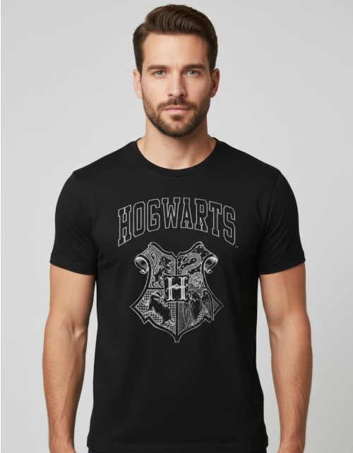 T-shirt Harry Potter noir Blason Poudlard blanc