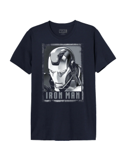 T-Shirt Iron Man bleu marine casque métallique