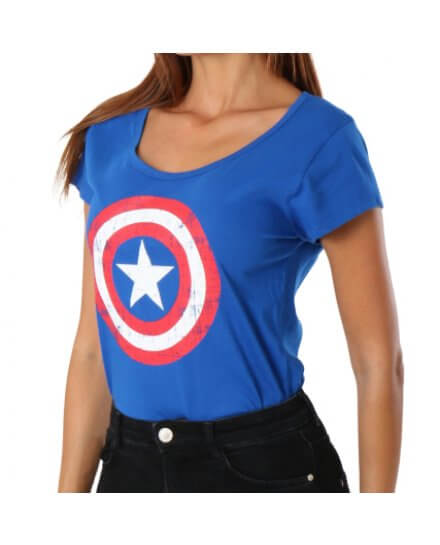Tee-Shirt Femme Bleu Logo Shield Captain America